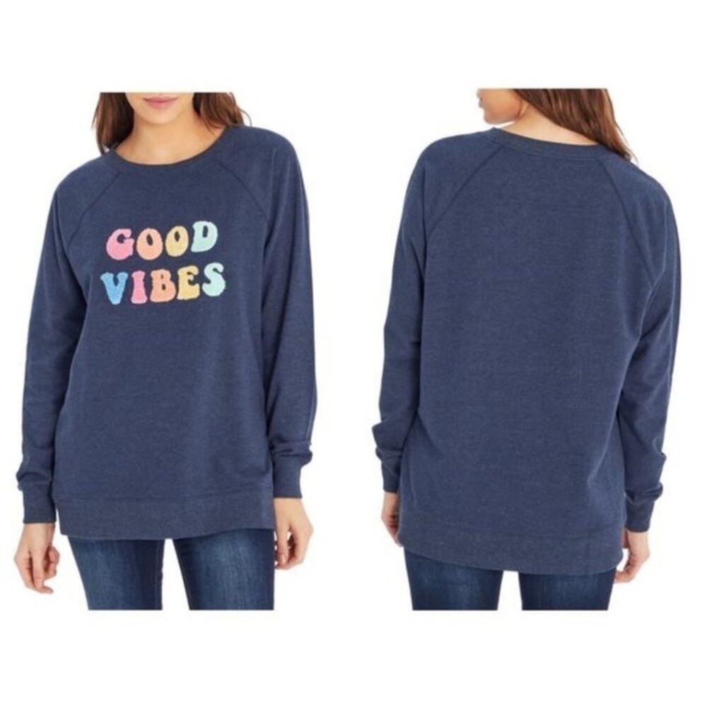 Wildfox Good Vibes Navy Sherpa Lettering Sweatshirt Size Small